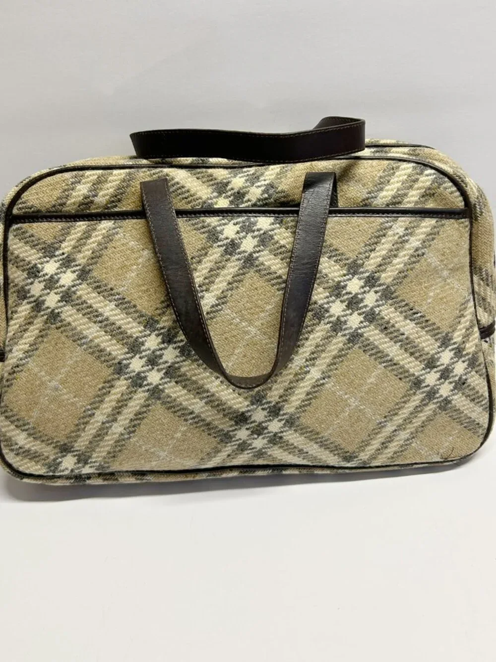 Burberry Beige and Black Plaid Tote with Dark Brown Leather Handles